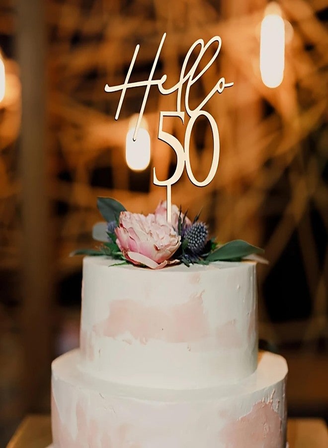 Cliths Wooden Hello 50 Cake Topper for 50th Birthday Anniversary Retirement Party Decorations Rustic Wood Cake Accent for Men Women Dessert Table Decor Photo Booth Cake Decoration - Image 3